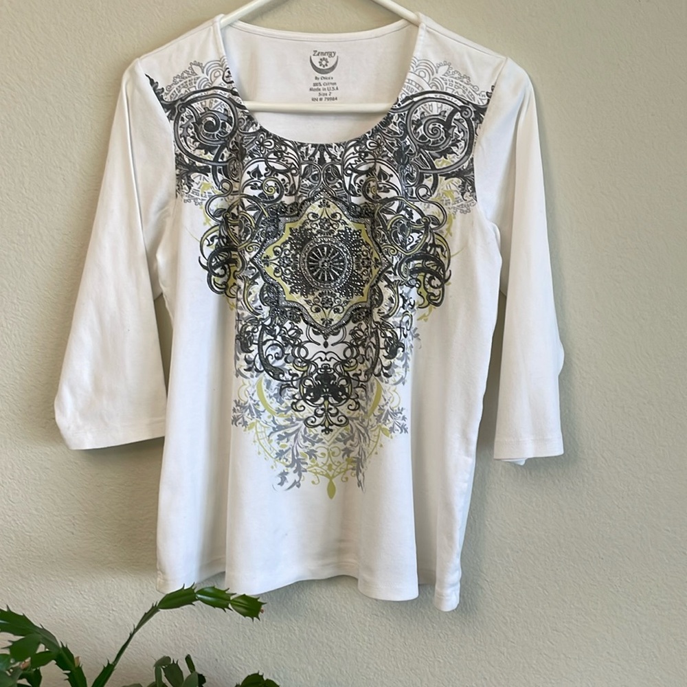 White silk screened pattern with rhinestones top by Chico’s Zenergy, size 12